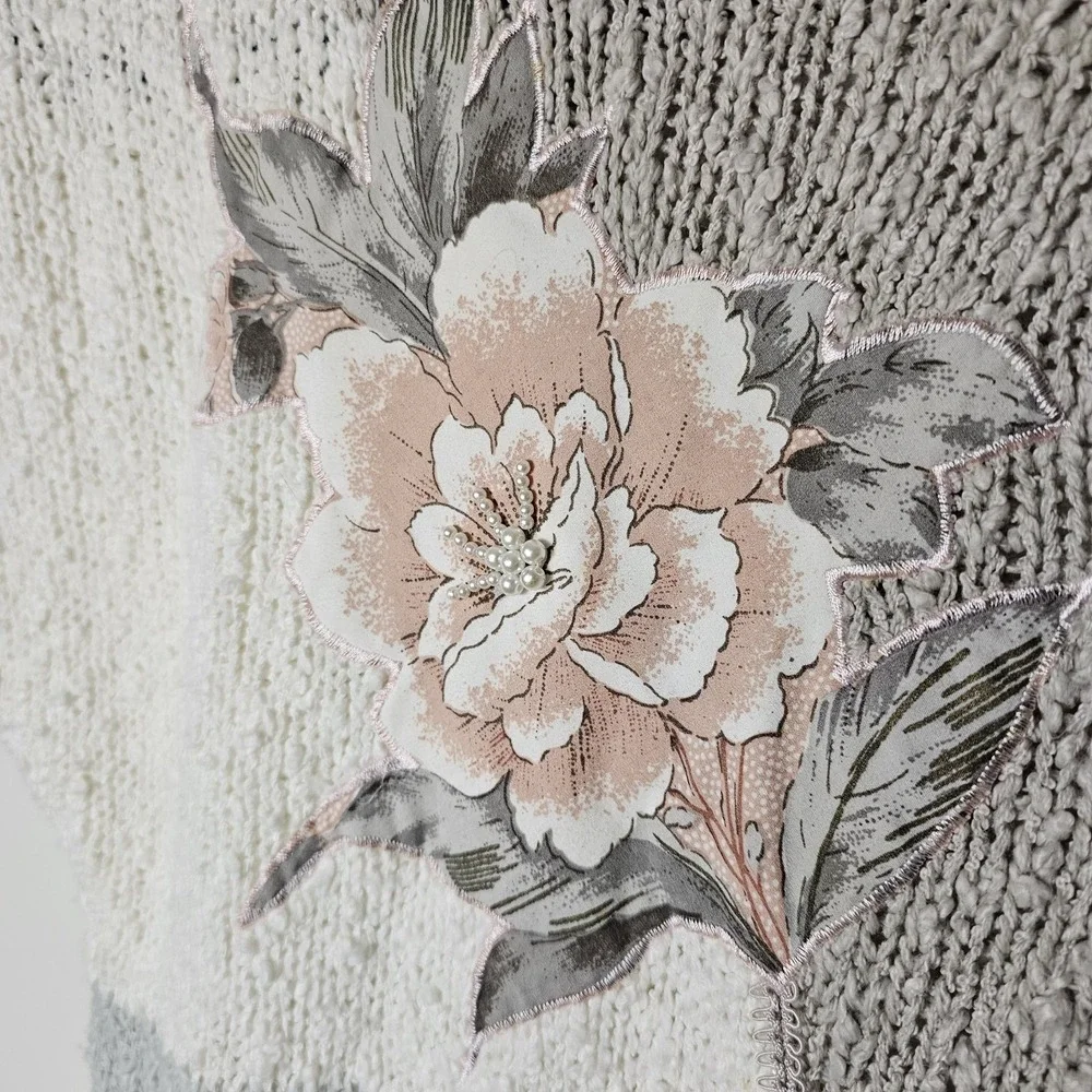 VTG Shenanigans M Sweater Vest Ivory Pink Floral Beaded 80s 90s Cottage Grandma - Picture 5 of 8